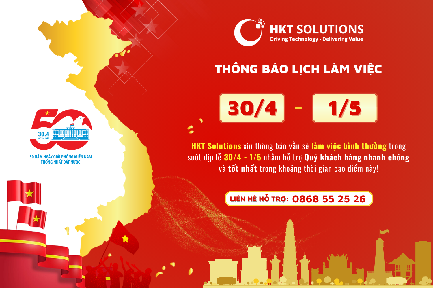 HKT SOLUTIONS - THÔNG BÁO LỊCH HOẠT ĐỘNG LỄ 30/4 - 1/5